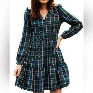 Kiel James Patrick Navy Plaid Long Sleeve Dress